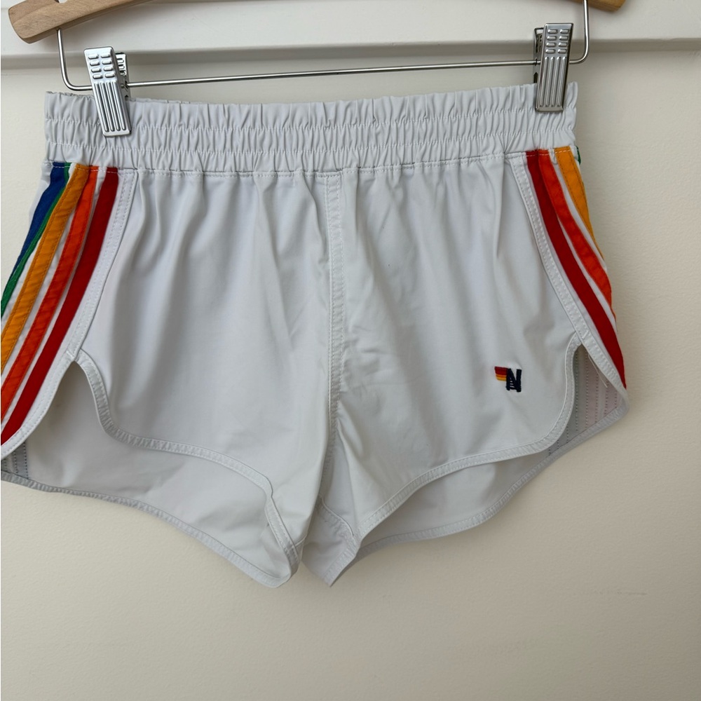 Aviator Nation White Athletic Shorts with Rainbow Side Stripes